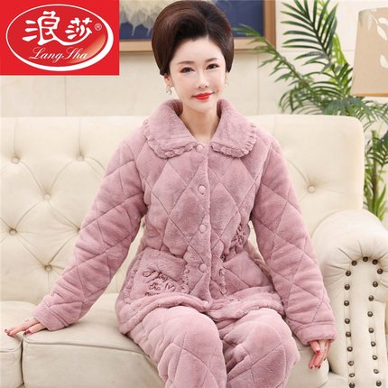 冬季珊瑚绒夹棉睡衣女中年妈妈中老年秋冬季三层加厚加绒保暖棉袄
