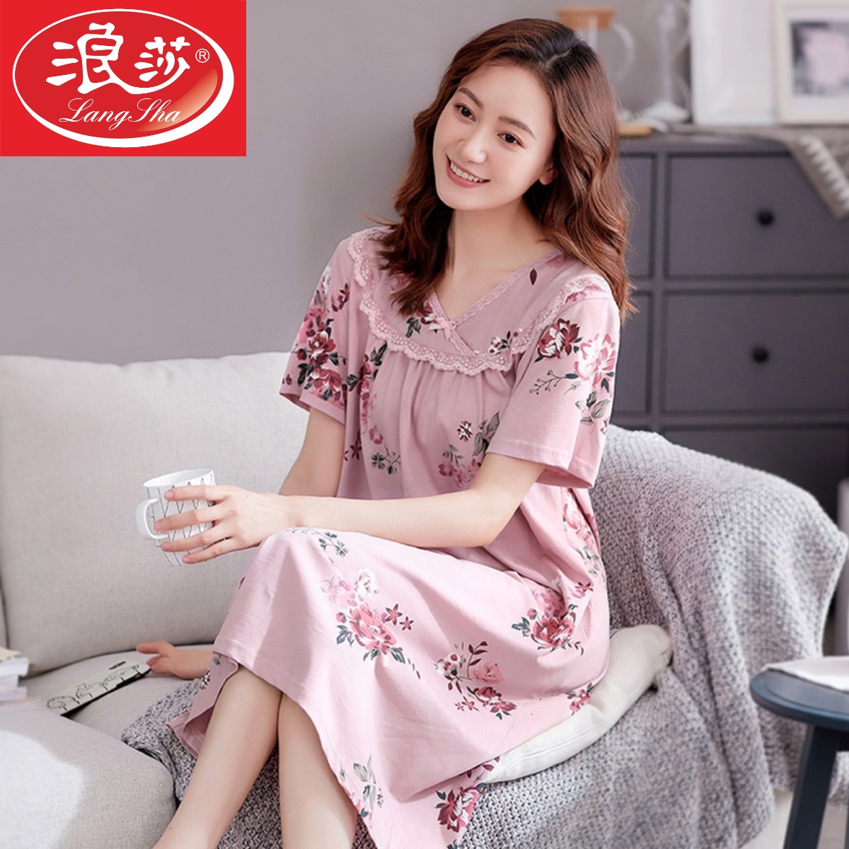 莫代尔睡裙女夏季睡衣女中年妈妈短袖中长裙加大码棉绸夏天连衣裙