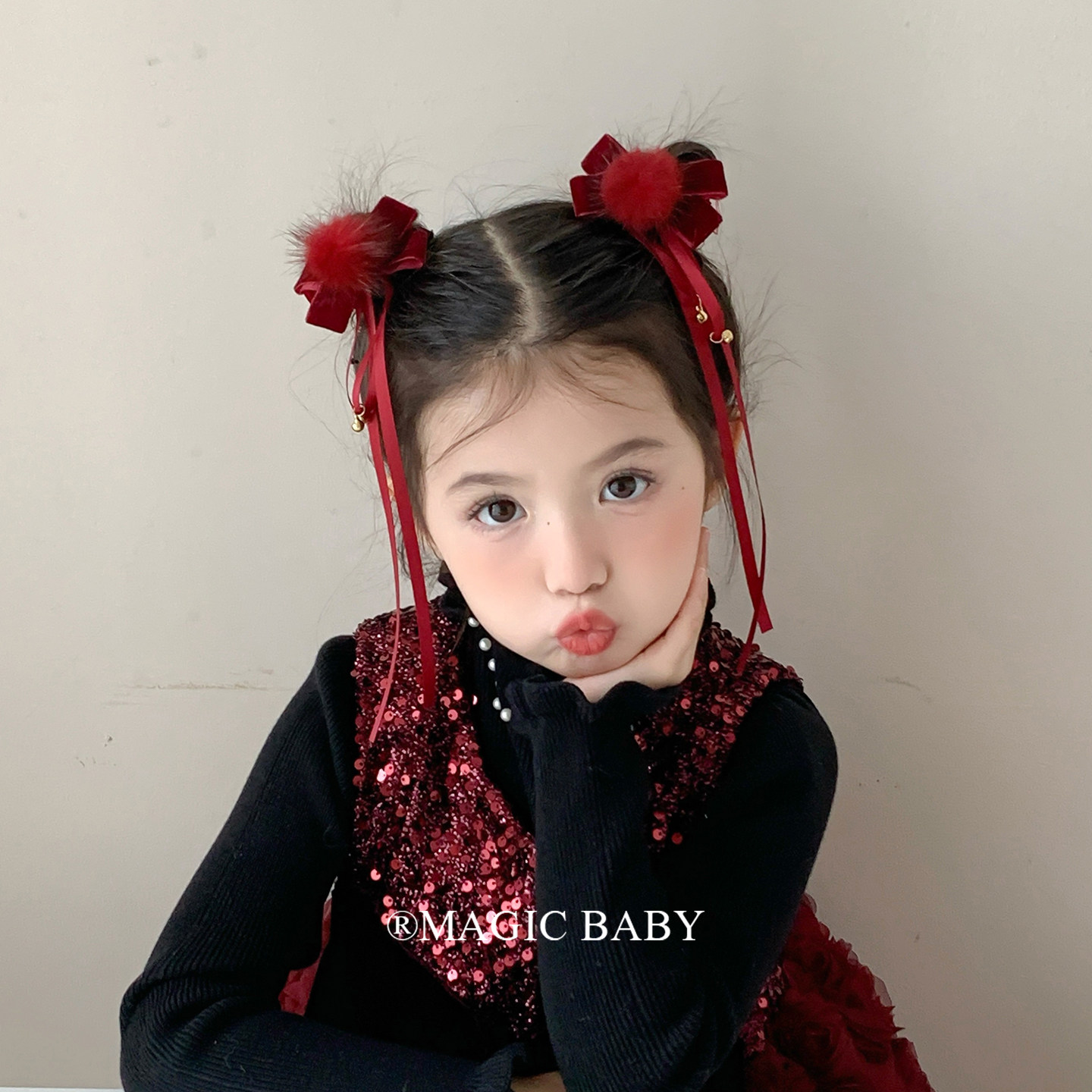 酒红色新年儿童古风飘带蝴蝶结发夹女童汉服头饰宝宝喜庆过年夹子