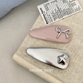 韩粉色pu皮发夹女童侧边刘海夹儿童银色蝴蝶结bb夹头饰宝宝夹子
