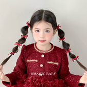 酒红色缎面小号丝带蝴蝶结发圈宝宝发夹新年头饰发卡小夹子高级感