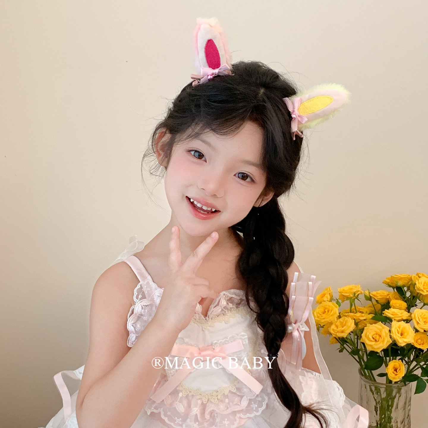 甜美卡通彩色立体毛绒兔耳朵发夹