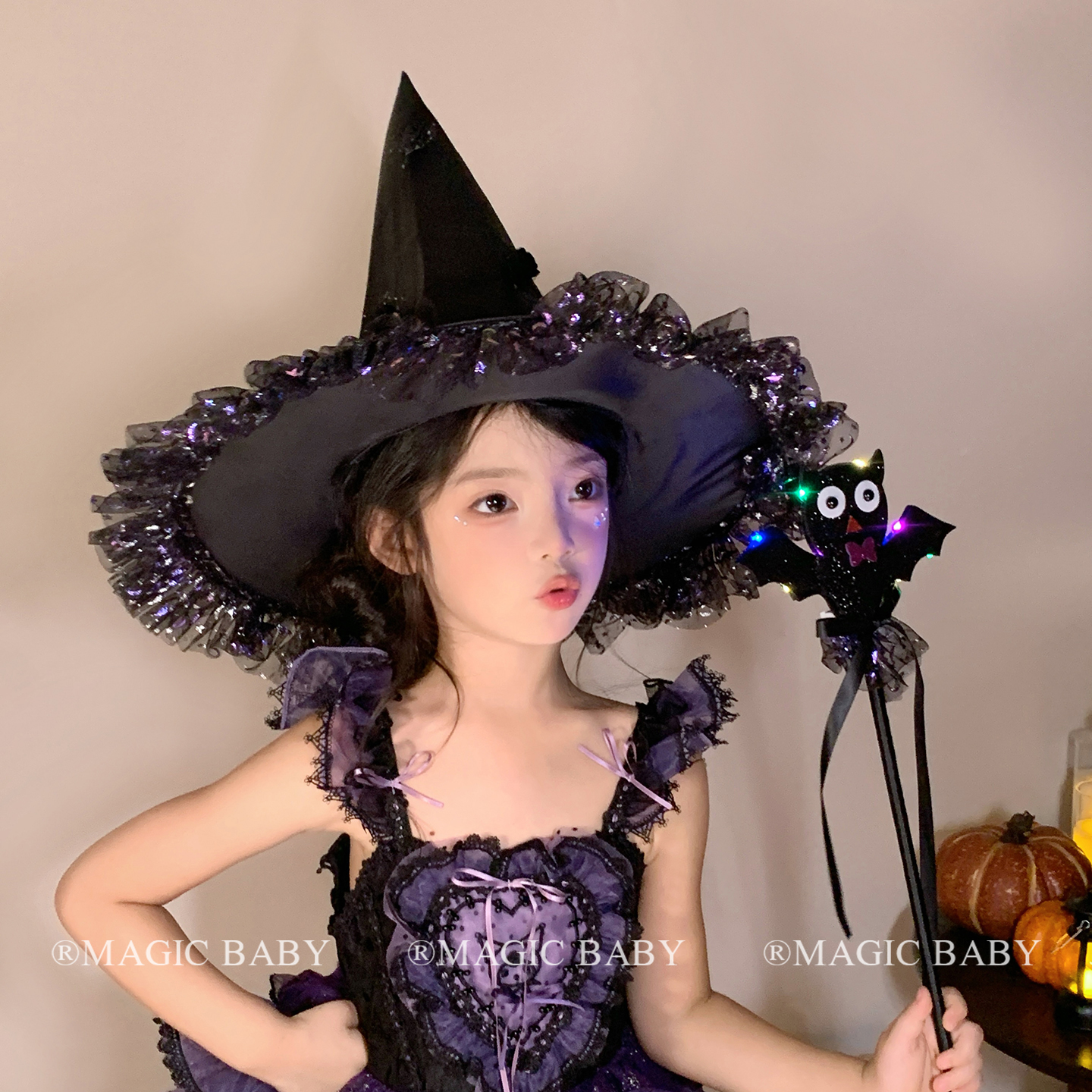 黑色立体网纱遮面魔法帽万圣节女巫帽亲子款cos服装配饰装扮帽子