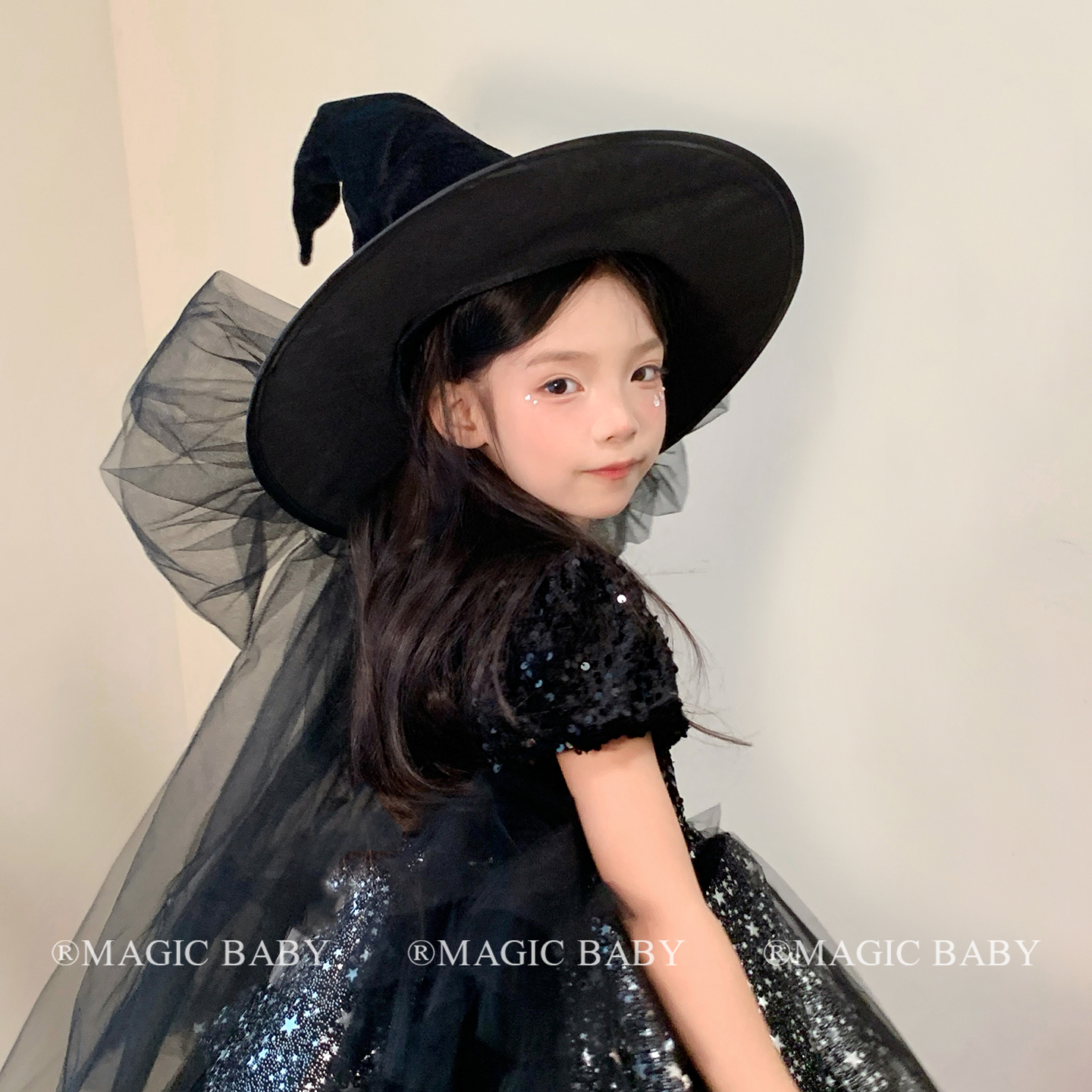 黑色超大网纱蝴蝶结丝绒帽子万圣节cos女巫魔法帽巫师小魔女装饰