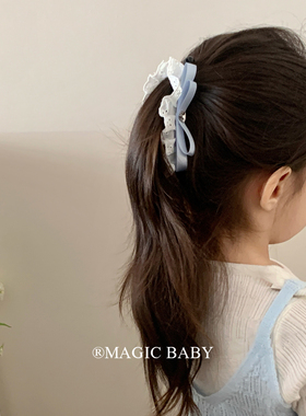 韩系蓝色缎面蝴蝶结蕾丝香蕉夹女童发量少抓夹儿童发夹竖夹头饰