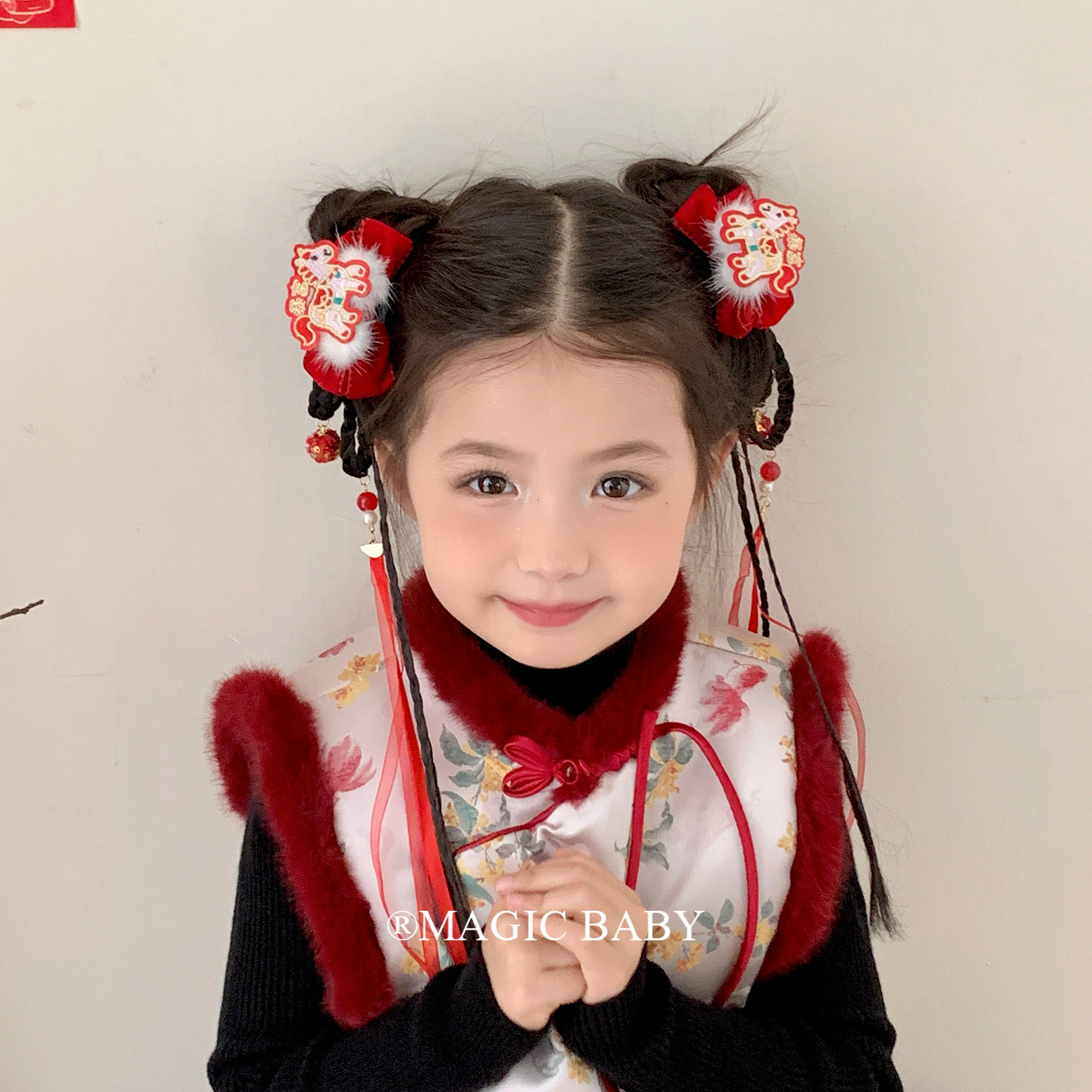 儿童中国风古风头饰女童新年红色蝴蝶结假发辫抓夹过年汉服发夹,童装/婴儿装/亲子装,发饰,淘宝优惠券,粉丝福利购,淘宝优惠卷