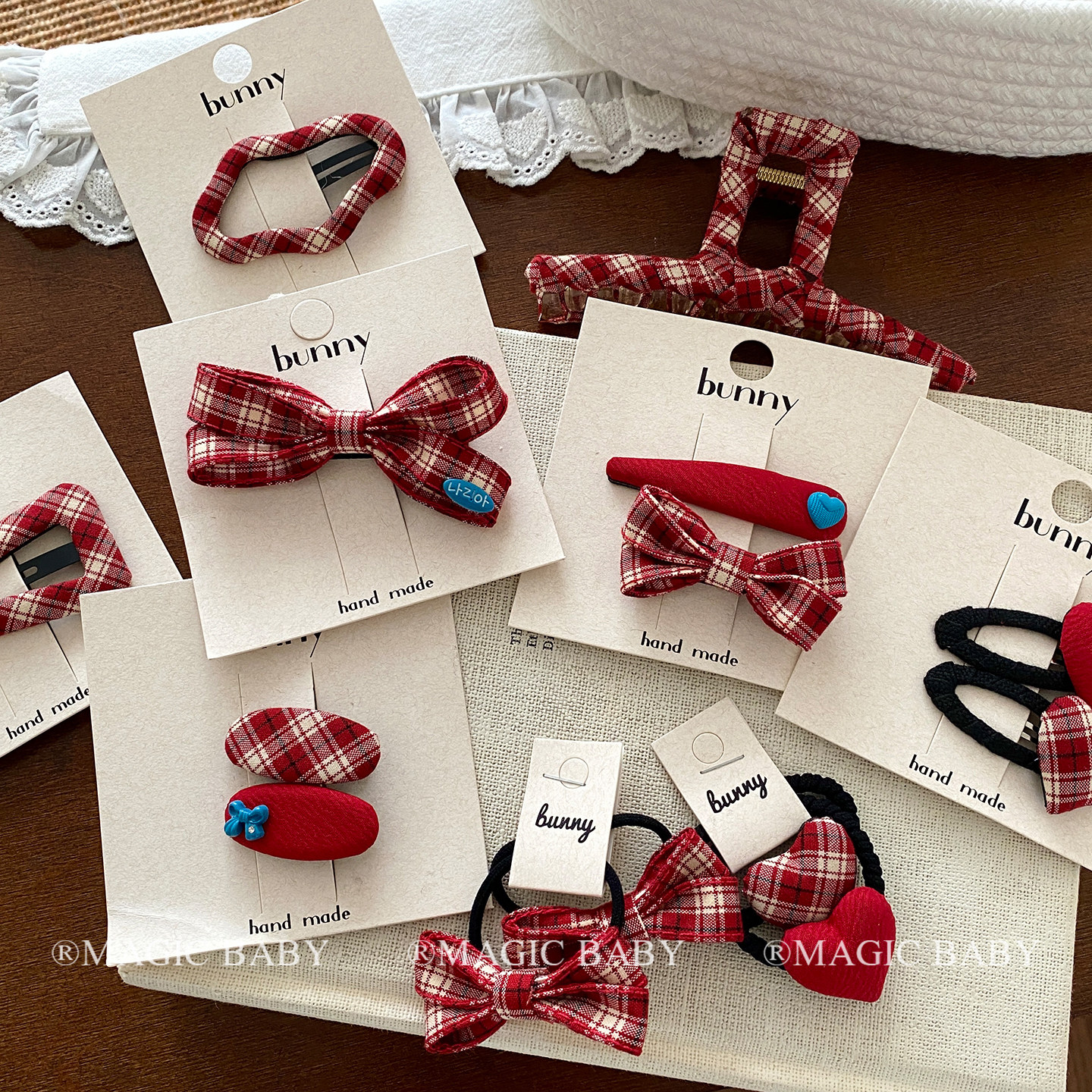 复古红色格纹蝴蝶结头饰发圈抓夹