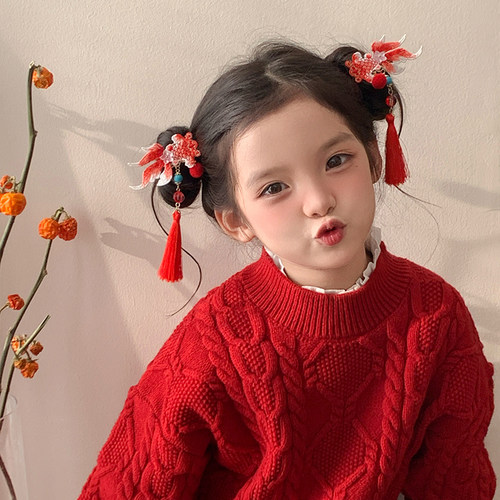 锦鲤赐福红色刺绣流苏小金鱼发夹