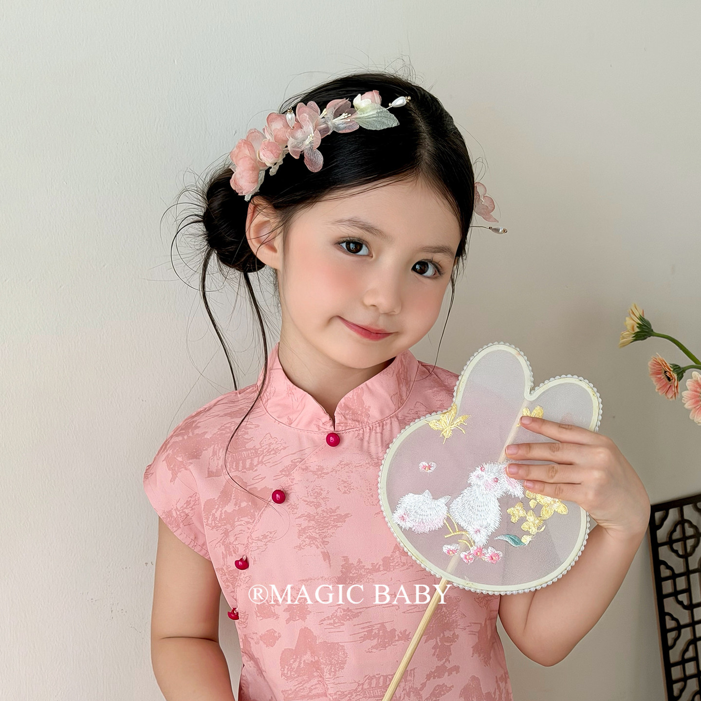 儿童粉色绢纱花朵发夹新中式流苏女童旗袍古风夹子头饰汉服发饰
