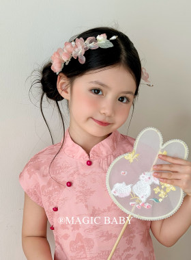 儿童粉色绢纱花朵发夹新中式流苏女童旗袍古风夹子头饰汉服发饰