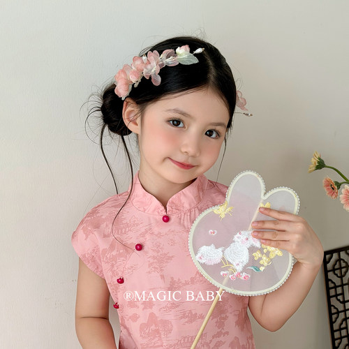儿童粉色绢纱花朵发夹新中式流苏女童旗袍古风夹子头饰汉服发饰