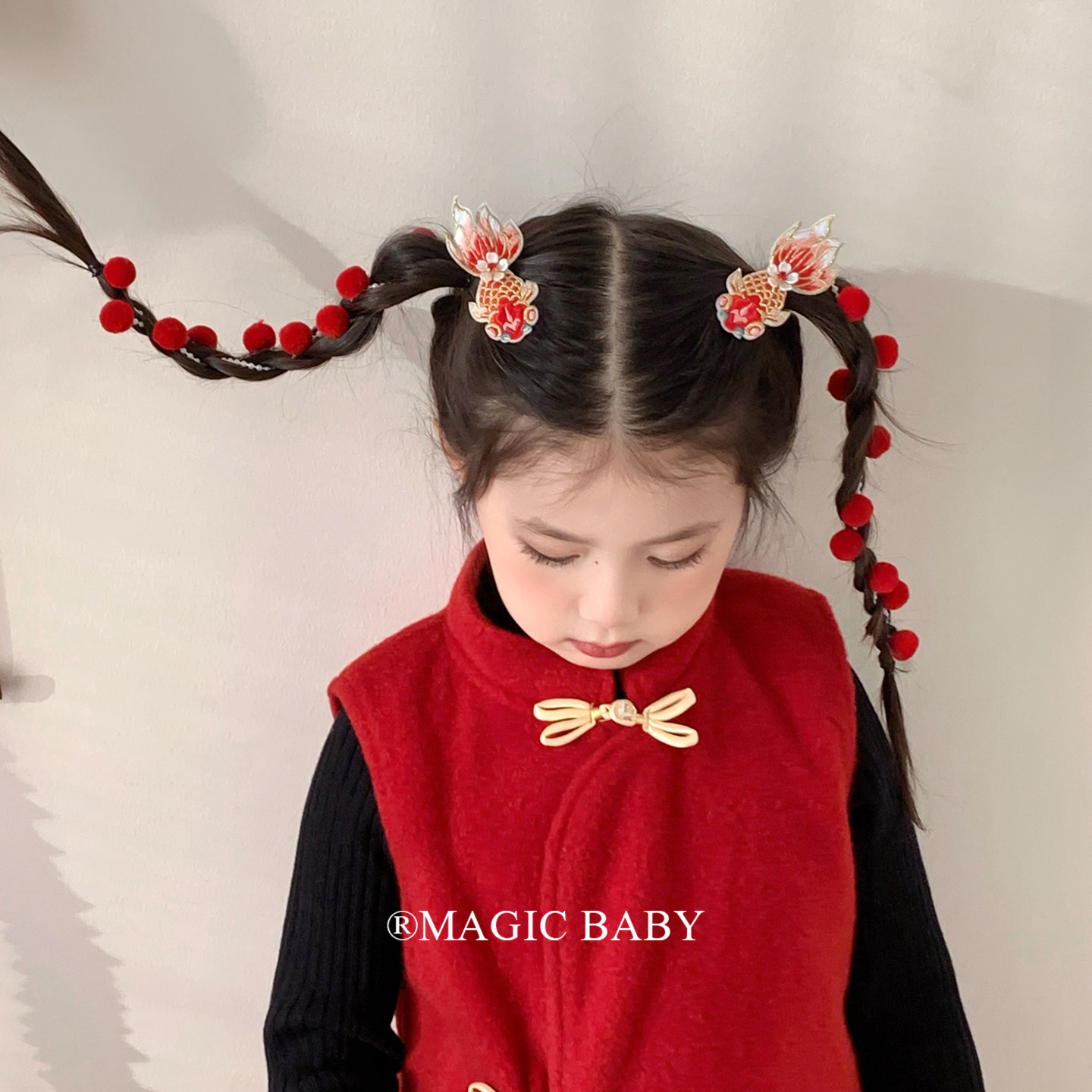 儿童新年红色头饰流苏毛球锦鲤发夹女童发饰古风喜庆过年宝宝发卡,童装/婴儿装/亲子装,发饰,淘宝优惠券,粉丝福利购,淘宝优惠卷