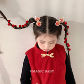 儿童新年红色头饰流苏毛球锦鲤发夹女童发饰古风喜庆过年宝宝发卡