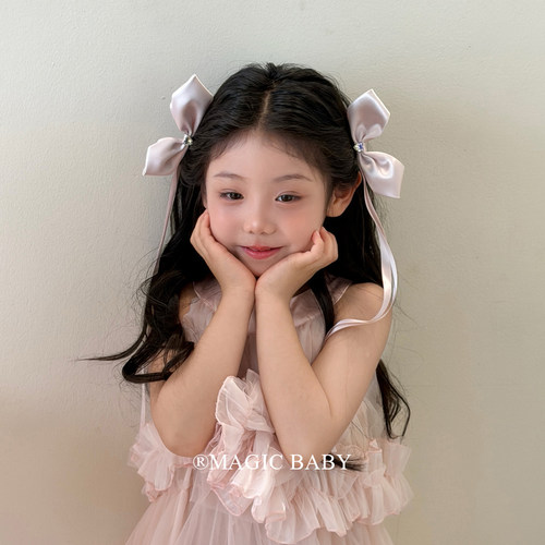 洋气公主立体粉色缎面飘带蝴蝶结对夹女童发夹高级感生日头饰夹子