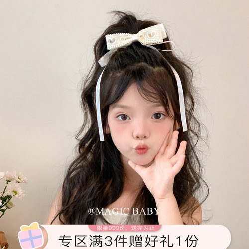 超仙米白色蕾丝爱心蝴蝶结发夹