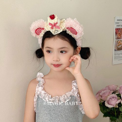 咖色毛绒可爱樱桃小蛋糕小熊发箍女童游乐园拍照头箍洗脸发卡头饰