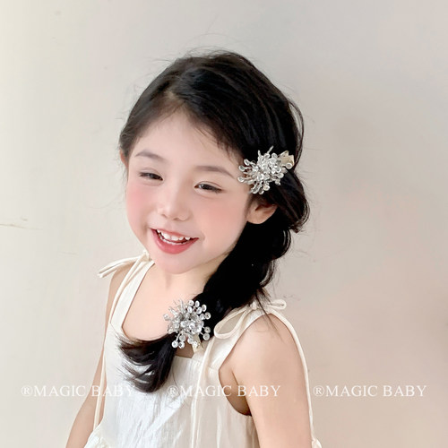 儿童超仙银色亮片花朵发夹女童夹子侧边公主生日发饰发卡洋气头饰
