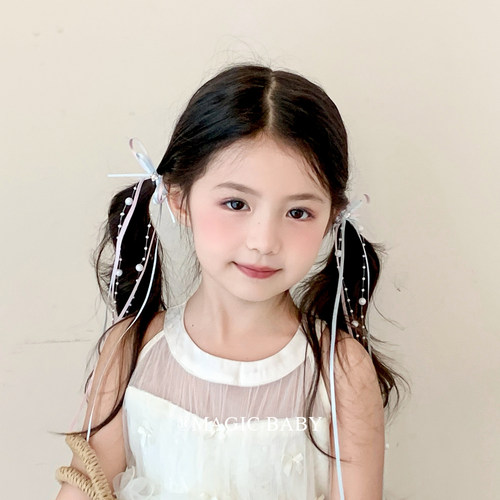 撞色丝带蝴蝶结珍珠流苏发夹芭蕾风女童夹子马尾夹发饰仙仙发卡