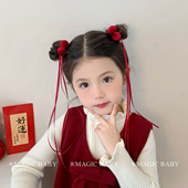 喜庆酒红色小球球丝带发圈女童新年发饰宝宝皮筋儿童过年头饰头绳