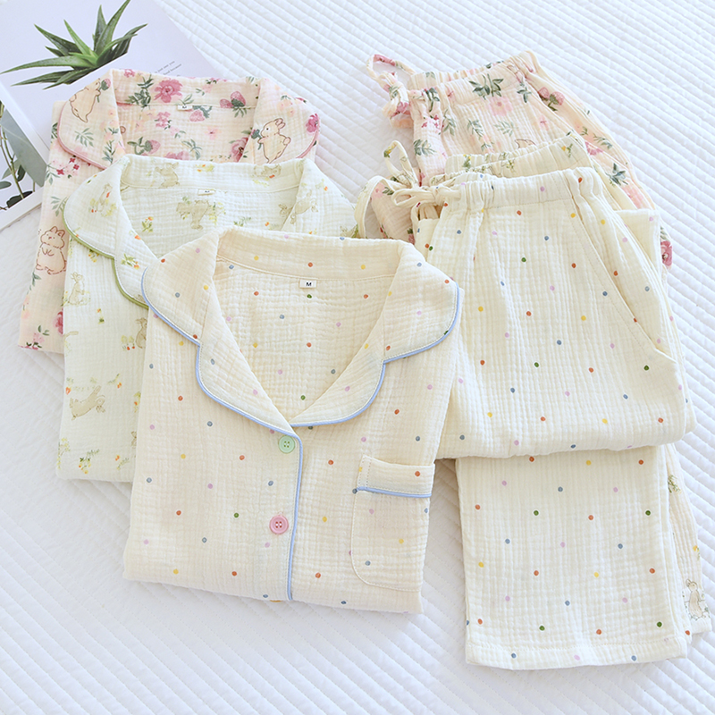 田园风纯棉睡衣薄款纱布女士长袖开衫家居服套装春秋印花全棉宽松