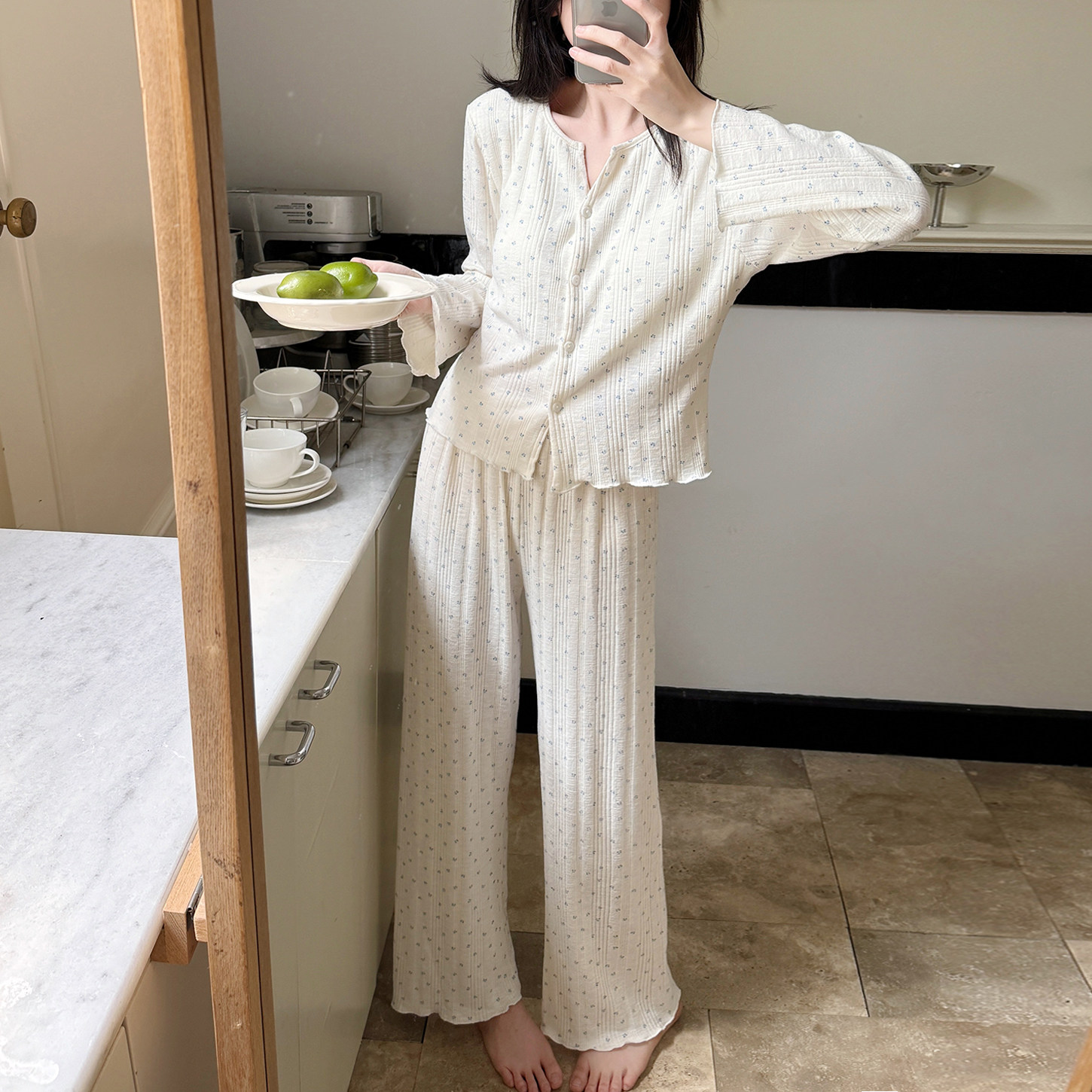 春秋季新款针织棉带胸垫睡衣女长袖开衫家居服套装甜美少女可外穿