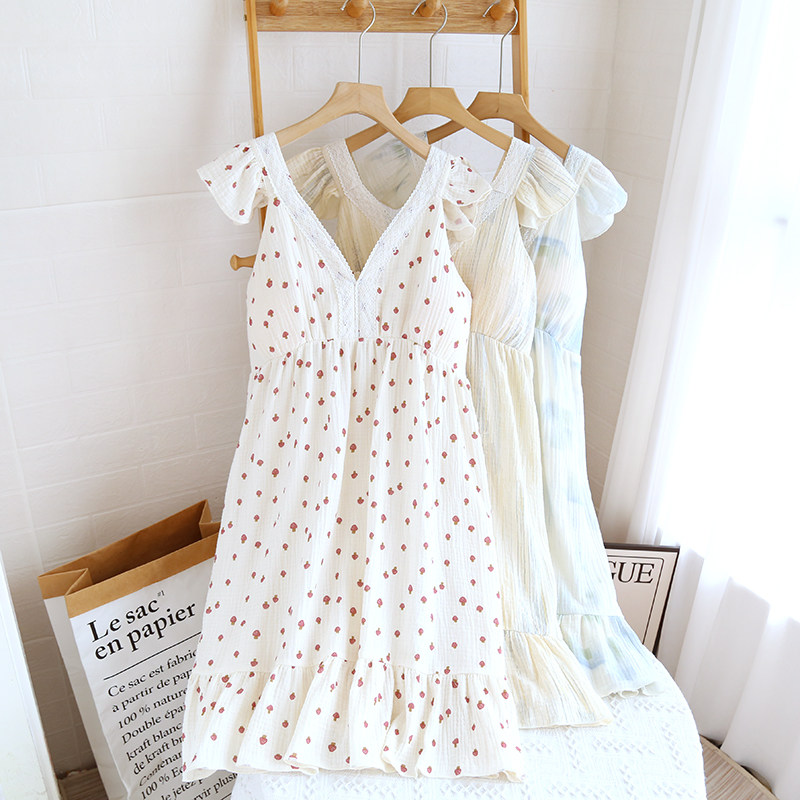 夏季纯棉带胸垫睡裙蕾丝花边薄款纱布吊带家居长裙性感可外穿宽松