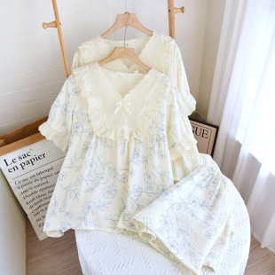 薄款 夏季 家居服套装 短裤 纱布宽松宫廷风 纯棉睡衣女甜美花边短袖