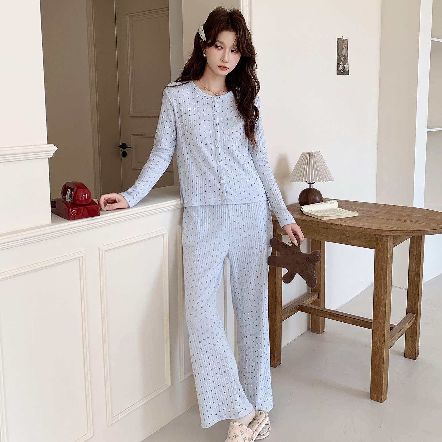 韩系纯棉睡衣女春秋夏针织长袖长裤套装少女甜美家居服可外穿全棉