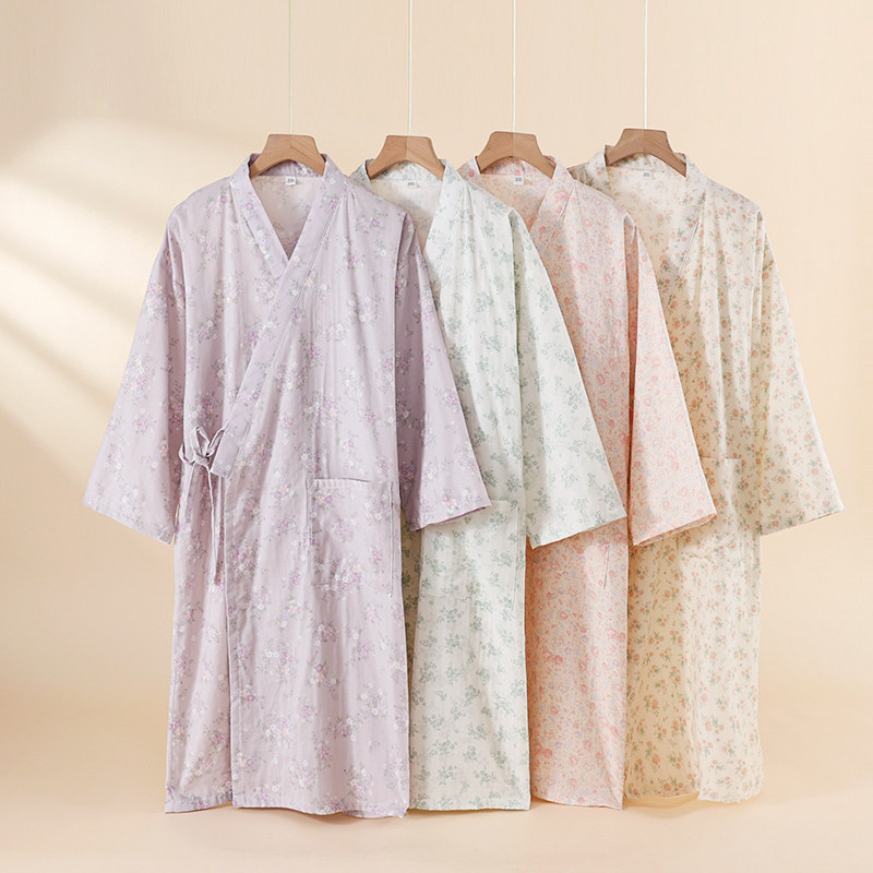 日式纯棉和服睡袍女春夏季纱布中长款汗蒸浴袍家居服甜美碎花大码