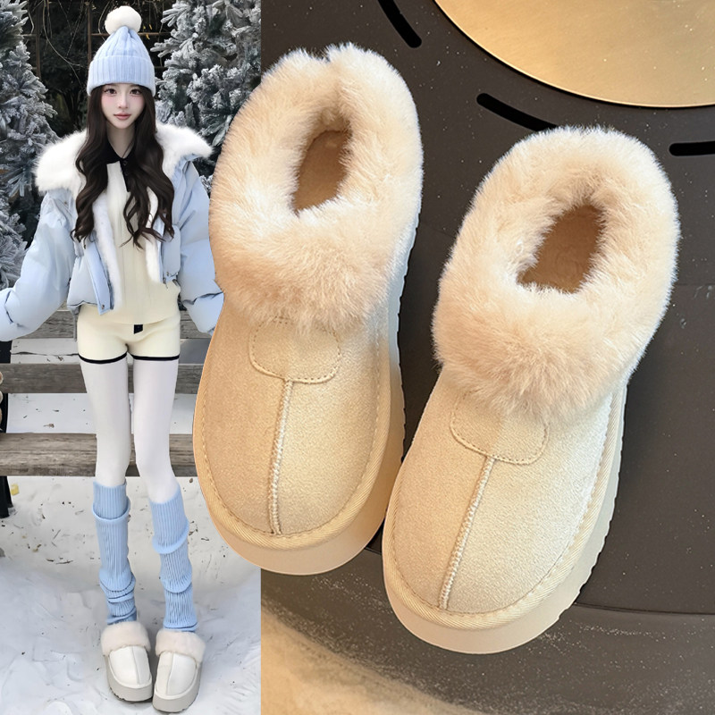 白色厚底保暖低帮雪地靴女鞋2026新款冬季加绒加厚一脚蹬毛毛棉鞋