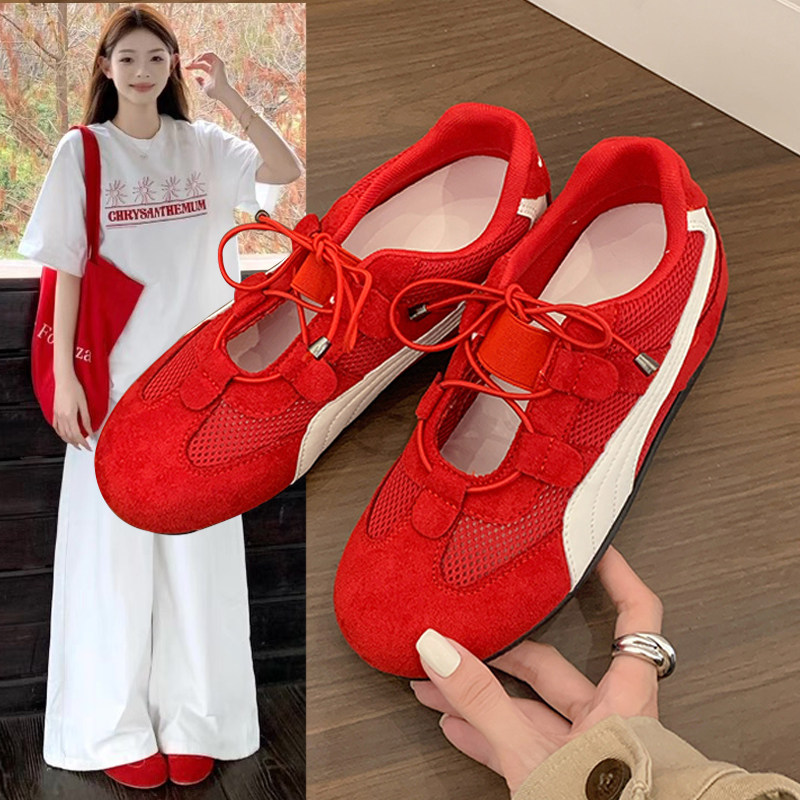 芭蕾风德训鞋女网红夏季新款平底阿甘红色玛丽珍浅口休闲运动单鞋