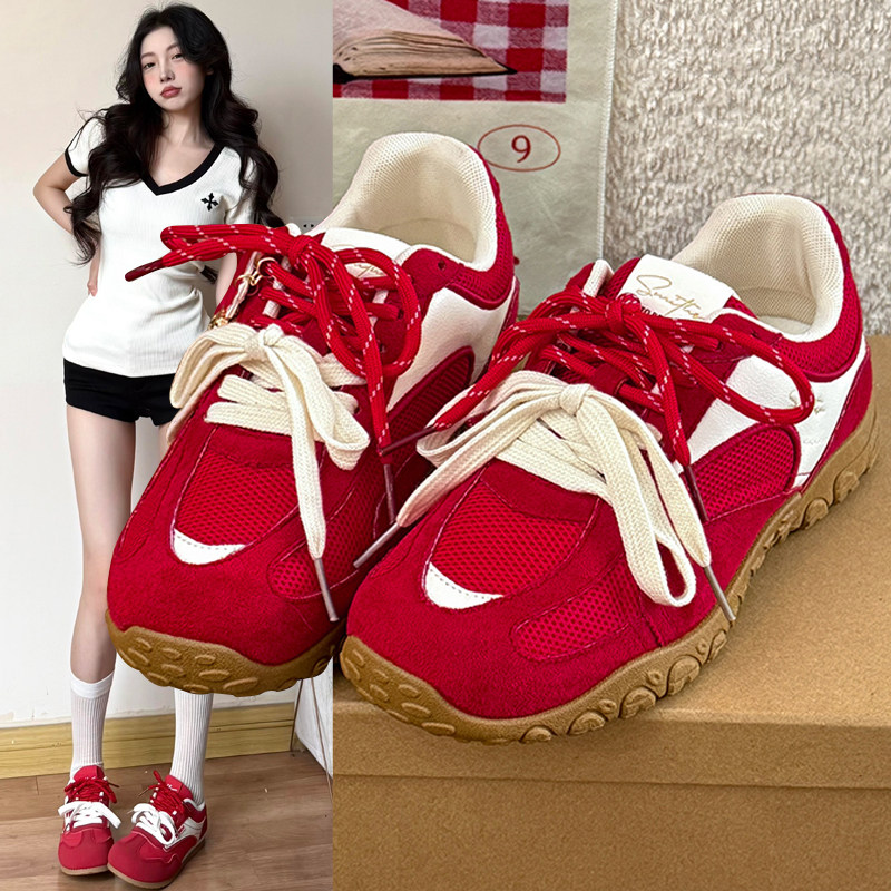 厚底红色德训鞋女款2026新款春季女鞋子网红复古百搭爆款休闲板鞋