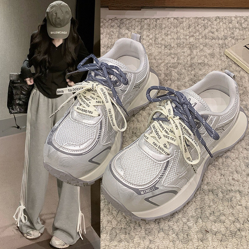 网面厚底丑萌老爹鞋女2026年春夏新款增高双鞋带显脚小运动休闲鞋