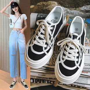 小香风女鞋2023年春季新款薄款板鞋休闲厚底溶解鞋百搭帆布鞋女秋