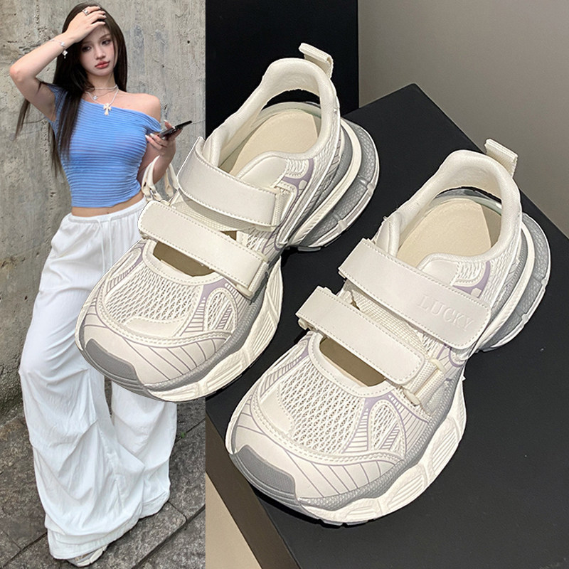 厚底运动凉鞋女2026夏季新款洞洞鞋镂空透气魔术贴增高薄款老爹鞋
