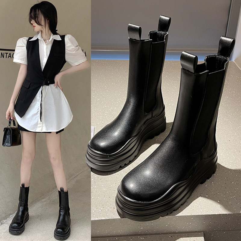 mona网红同款2022年新款马丁靴女英伦风中筒厚底切尔西短靴烟筒靴