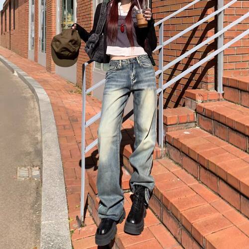 辣妹直筒牛仔裤女新款水洗做旧阔腿裤美式复古宽松显瘦垂感拖地裤