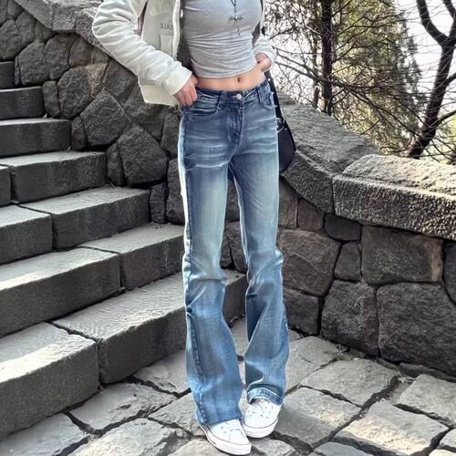 美式复古窄版微喇叭牛仔裤女秋冬辣妹低腰弹力修身显瘦休闲直筒裤