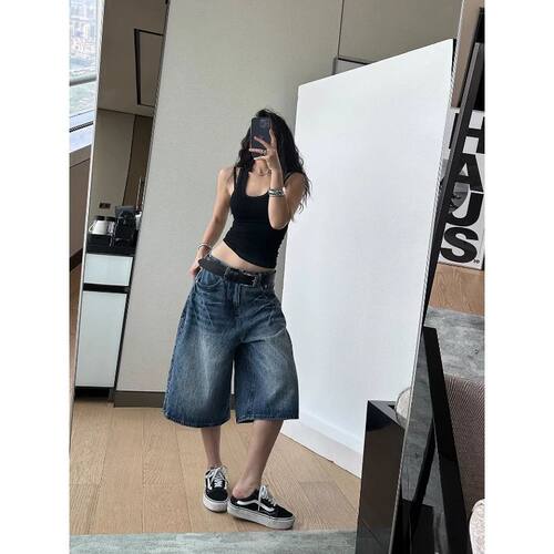 美式复古闪电纹直筒牛仔中裤女夏季宽松大码做旧阔腿七分牛仔裤子
