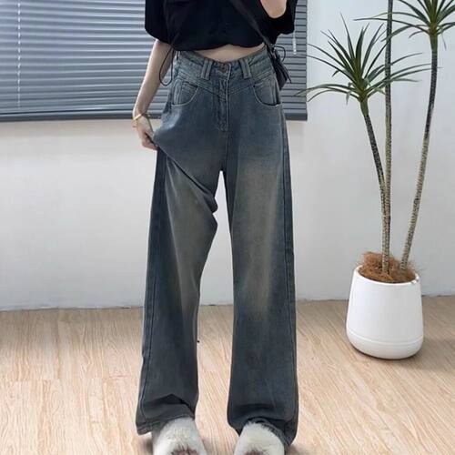 梨形身材遮胯阔腿牛仔裤女大码胖mm春秋季高腰显瘦窄版直筒长裤