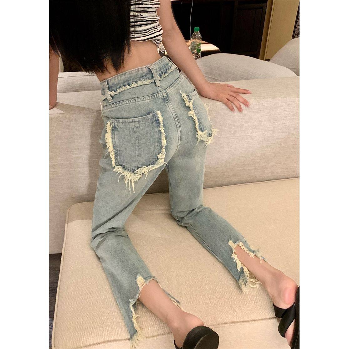 破洞毛边流苏直筒牛仔裤女春秋新款大码宽松高腰显瘦阔腿九分裤潮