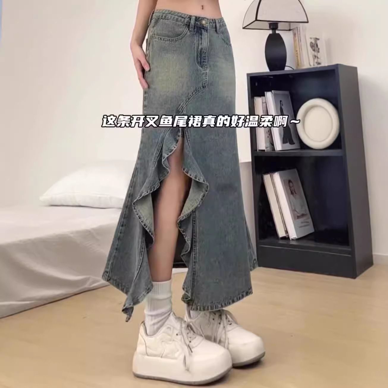 复古不规则中长款牛仔半身裙女夏季设计感波浪开叉高腰鱼尾裙子潮