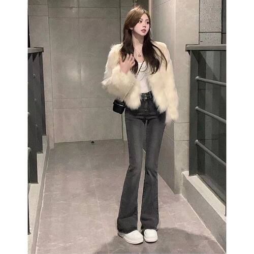 黑色微喇叭牛仔裤女时尚潮流新款百搭高腰美式烟灰色显瘦拖地