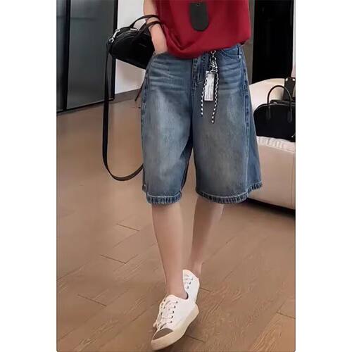 大码高腰牛仔短裤女夏季薄款2025新款胖mm显瘦美式五分阔腿中裤子