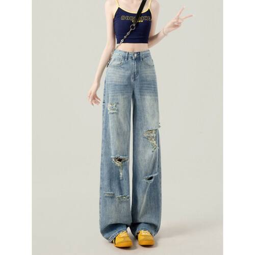 复古破洞阔腿牛仔裤女秋季潮流百搭新款高腰显瘦设计感百搭直筒裤