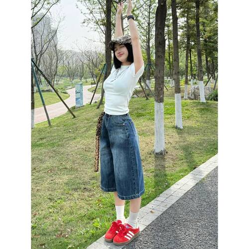 复古五分牛仔裤女夏季潮流百搭新款高腰宽松显瘦百搭小个子直筒裤