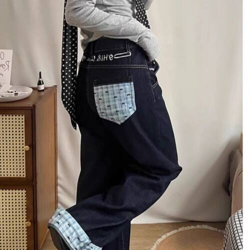 美式蝴蝶结格子拼接阔腿牛仔裤女2025春秋季高腰宽松显瘦拖地裤潮