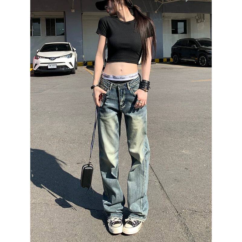 小个子窄版阔腿裤女新款美式复古水洗微喇低腰宽松显瘦直筒牛仔裤图片