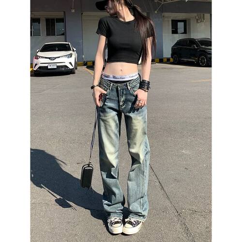 小个子窄版阔腿裤女新款美式复古水洗微喇低腰宽松显瘦直筒牛仔裤