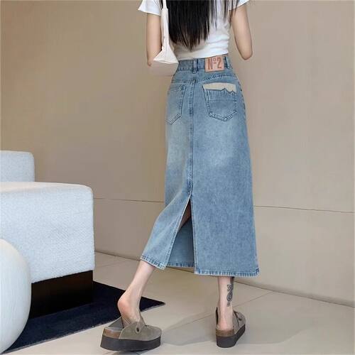 2025新款夏季高腰a字牛仔裙女大码胖mm显瘦中长款开叉包臀半身裙